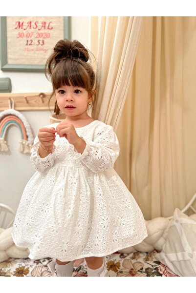 penu baby kids Ekru Çiçek Desenli Fisto Kumaş Fiyonklu Uzun Kollu Kız Çocuk Kız Bebek Elbise