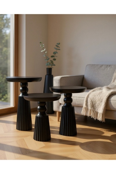 ASELYA HOME Doğal Ahşap 3’lü Set Siyah Renk Mantar Yan Sehpa Modern Fiskos Zi...