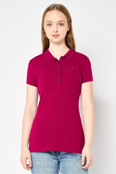 Tommy Hilfiger Women Slim Fit Short Sleeve Brand Logo Polo, Burgundy