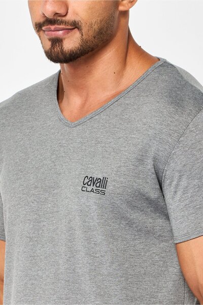 Cavalli Class Men V Neck Short Sleeve Brand Logo T-Shirt, Grey