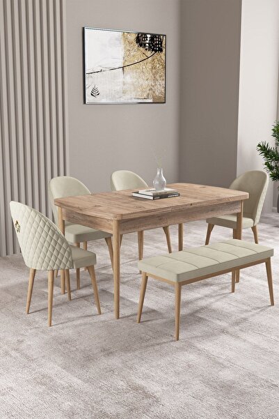 asaella mobilya Milas Atlantik Çam 80x132 Mdf Açılabilir Mutfak Masası Takımı 4 Sandalye, 1 Bench