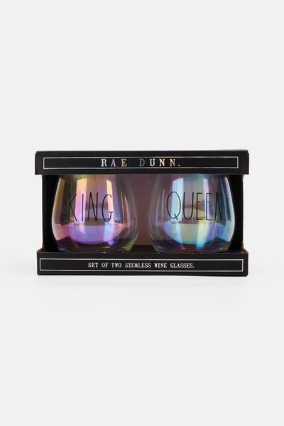 Rae dunn 2 Pack Stemless King and Queen Glasses 22 Oz, Clear and Pink