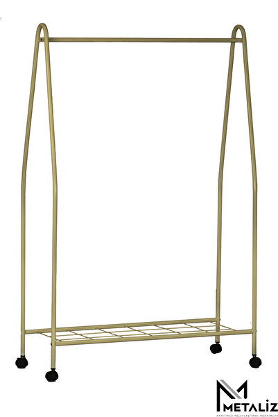 Metaliz Tekerli Metal Elbise Askılığı Taşınabilir ve Dayanıklı Raflı Giysi Standı Kıyafet Organizeri GOLD