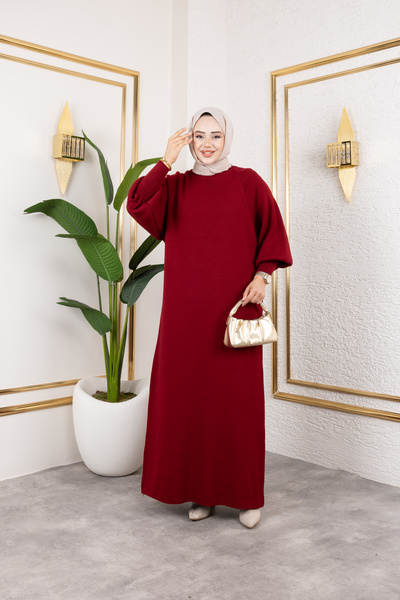 Eliva Women's Burgundy Balloon Sleeve Knitwear Winter Long Hijab Dress