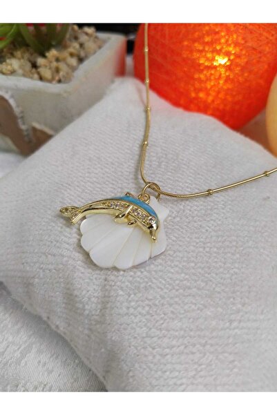 teh5 Deniz Kabuğu Üzeri Zirkon Taş Detaylı Yunus Balığı Çelik Kolye