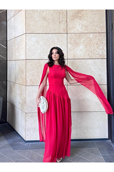 LOCH BUTİK Women's Red Maxi Cape Tied Zippered Dress