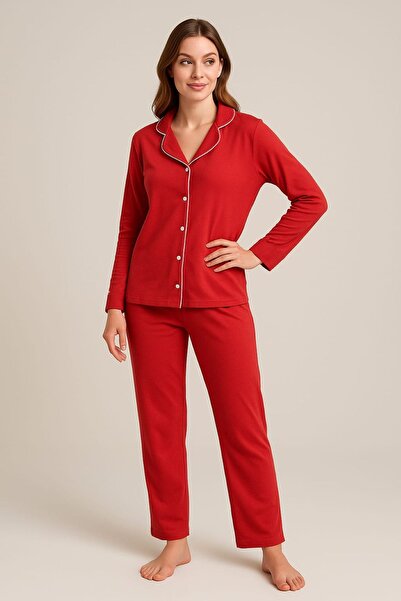 enmodaiçgiyim Red Women's Cotton Pajama Set – Button-Down Long Sleeve, Relaxed Fit, 4 Seasons Comfort