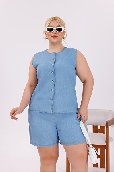 Siyezen Plus Size Buttoned Shorts Jean Suit