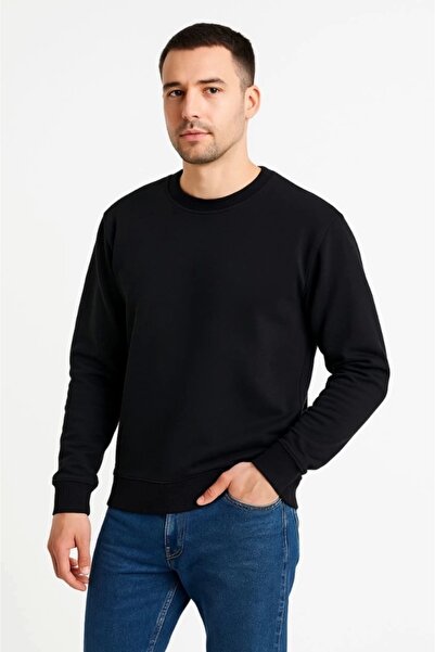 ELLA Men's Three Thread Plain Crew Neck Sweatshirt - Black