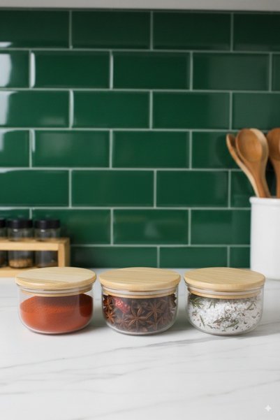 vivotti Set of 3 Glass Spice Jars with Wooden Lids 300 ml with Vacuum Lids (with Label Gift)