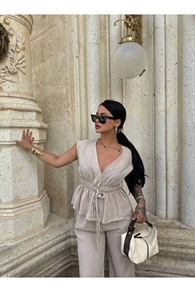 aytenli Double Breasted Collar Lace-Up Elastic Zero Sleeve Top Size Elastic Waist Pocket Palazzo Trousers Linen Suit