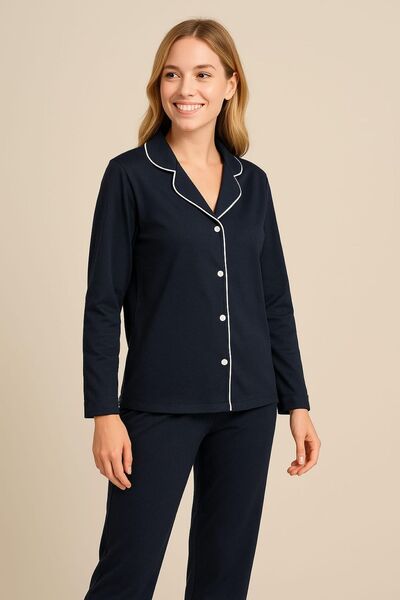 enmodaiçgiyim Navy Blue Women's Cotton Pajama Set – Buttoned Long Sleeves, Relaxed Fit, 4 Seasons Comfort