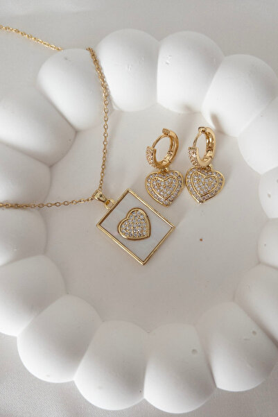 Narflake Zirkon Taş İşlemeli Vip Seri Küpe ve Tasarım Kalpli Plaka Kolye Kadın Çelik Set