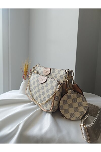 Women's Cream Leather Checkered Pattern 3-Piece Hand Shoulder and Crossbody Bag