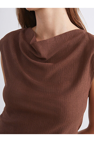 LC Waikiki Brown Draped Collar Textured Blouse