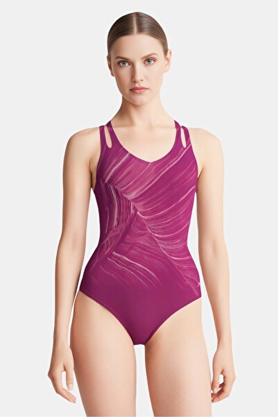 SPEEDO ملابس سباحة نسائية من قطعة واحدة مطرزة بشعار، أرجواني