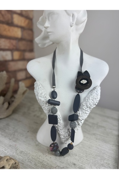 SEDEF TAKI Füme tasarım ahşap uzun kolye