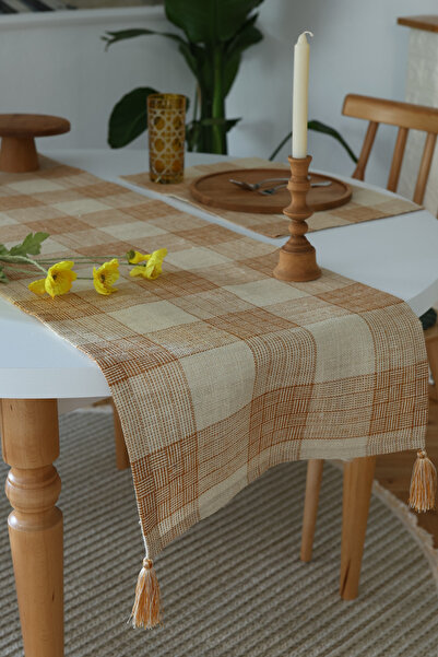 Yakacihome Jute Cinnamon 5 Pieces |   4 Piece Placemat & 1 Piece Tufted Runner Jute Fabric Table Setting