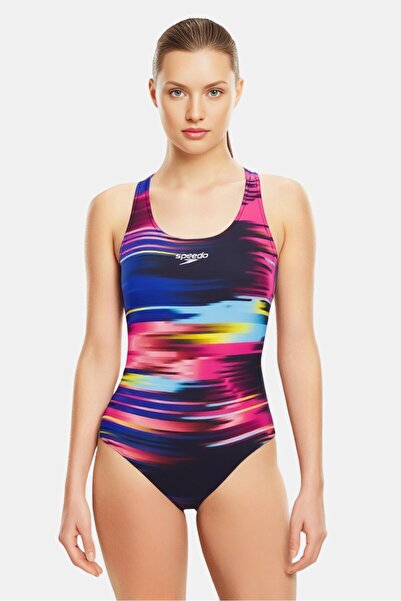SPEEDO ملابس سباحة نسائية من قطعة واحدة بشعار العلامة التجارية، متعددة الألوان