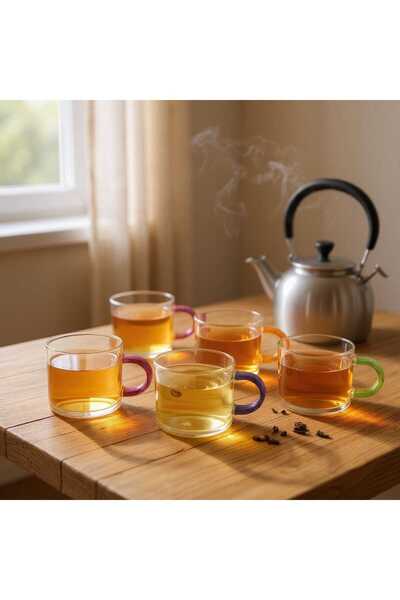 Ar Armese طقم من 6 أكواب قهوة بورسليكات مقاومة للحرارة سعة 90 مل مع مقابض ملونة