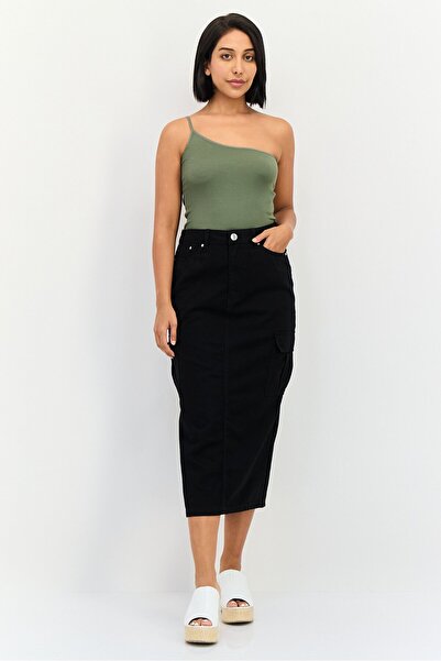 Threadbare Women Solid Denim Midi Skirt, Black