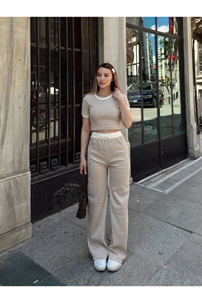 HepsitrentStore Bisiklet Yaka Kısa Kol Crop Bluz Bağcık Bağlamalı Pantolon Bi...