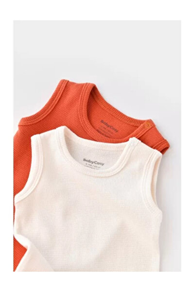 BabyCosy Set 2 sleeveless bodysuits for unisex babies - 100% cotton - Cinnamon/Ecru