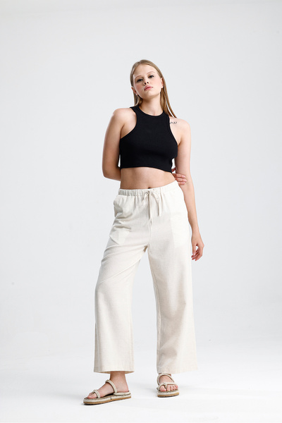 Tate Cream Straight Cut Cotton Linen Pants
