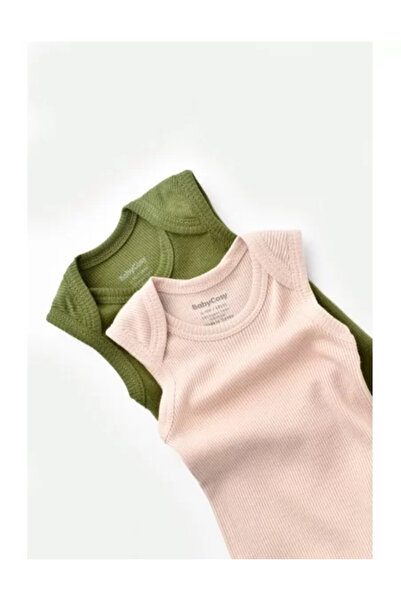 BabyCosy Set of 2 unisex baby sleeveless bodysuits made of cotton and modal - Green/Blush