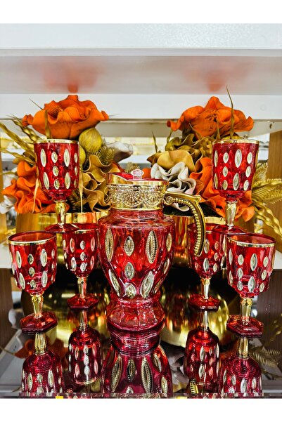 EVRA 7 Parça Sürahili Cam Bardak Seti Kırmızı