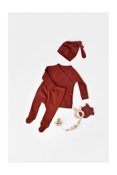 BabyCosy Set 4 pieces: blouse, pants, hat and gloves made of cotton and modal - Brick red, (