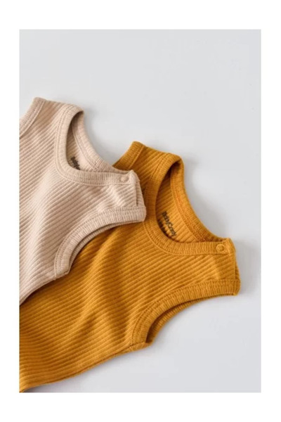 BabyCosy Set of 2 sleeveless bodies in cotton and modal - Mustard/Salmon