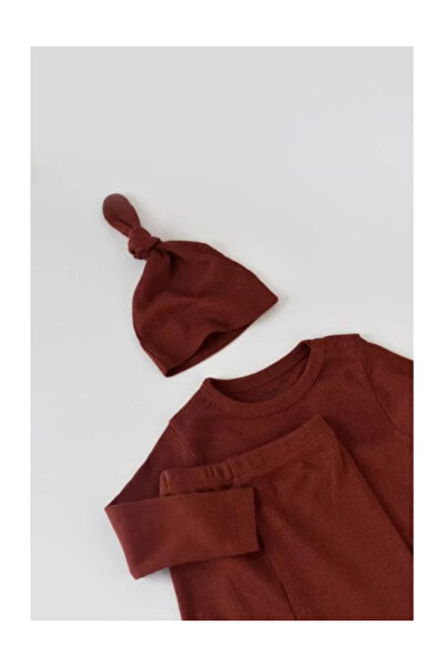 BabyCosy Set 3 pieces: long-sleeve body, long pants with booties, and cap in cotton and modal - Brick