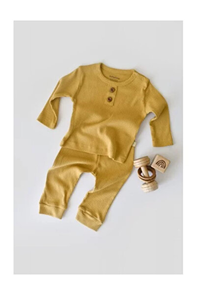 BabyCosy Set cu bluză cu mânecă lungă și pantaloni lungi din bumbac și modal - Șofran (Mărime: 6-9)