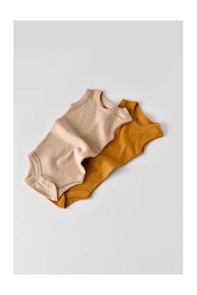 BabyCosy Set of 2 sleeveless bodies in cotton and modal - Mustard/Salmon