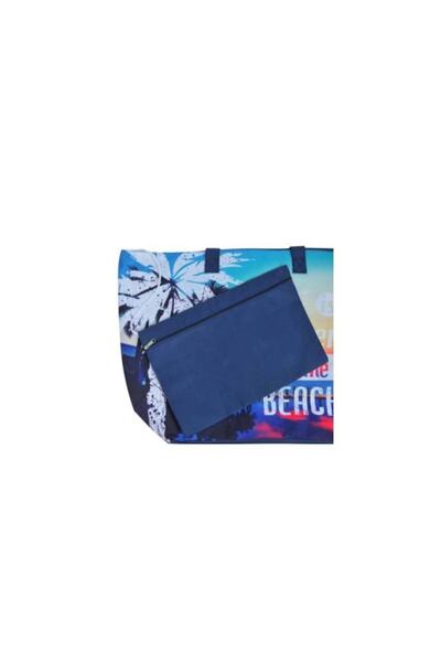 AB HOMES Beach Bag AB HOMES Blue with Palm Trees Sunset Pattern and Inner Pouch