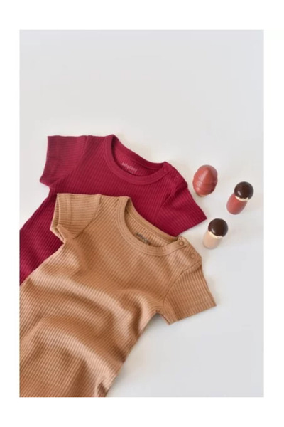 BabyCosy Set of 2 short-sleeve rompers made of cotton and modal - Red/Brown