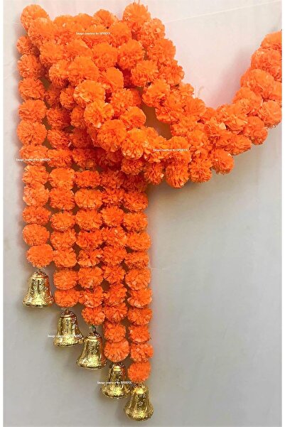 Generic Shreej Artificial Marigold Fluffy Flowers and Golden/Silver Hanging Bells Garlands/Torans/Wall hangi