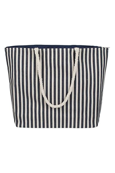 AB HOMES - White Straw Beach Bag with Blue Stripes