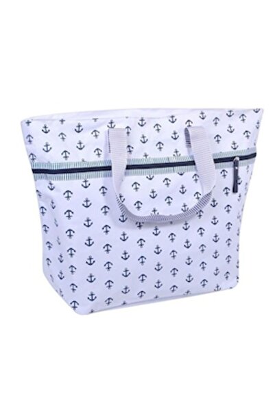 AB HOMES White Beach Bag with Anchor Pattern and Interior Pouch