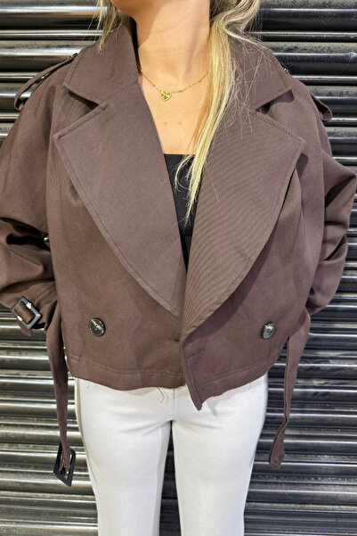 thesunfyre Women's Bitter Brown Belted Premium Fabric Short Trench Coat