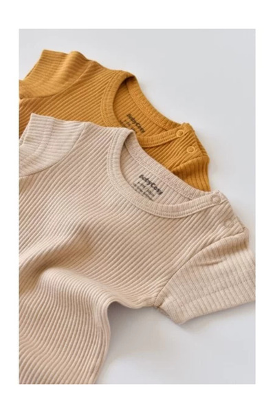 BabyCosy Set of 2 short-sleeved cotton and modal bodysuits - Mustard/Salmon