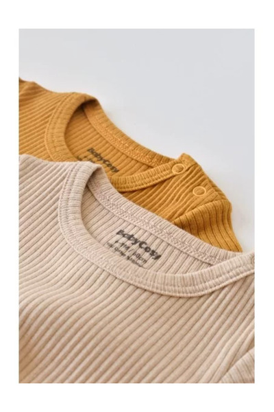 BabyCosy Set of 2 short-sleeved cotton and modal bodysuits - Mustard/Salmon