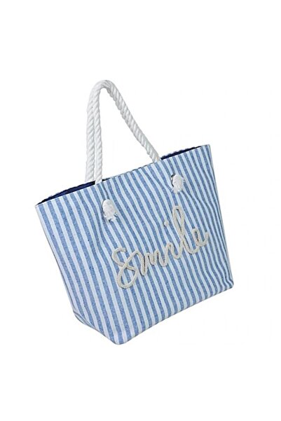AB HOMES Beach Bag White with Blue Stripes Smile, AB HOMES