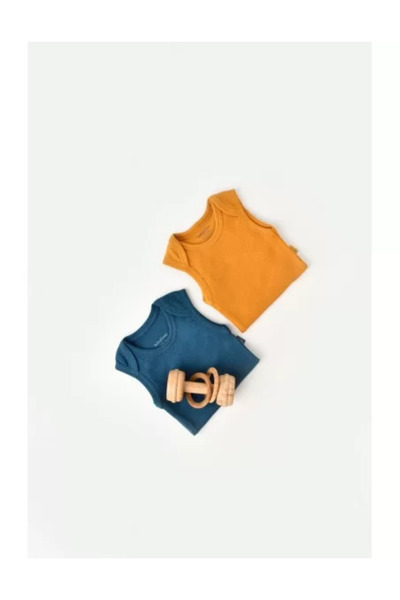 BabyCosy Set 2 sleeveless bodysuits for baby unisex from cotton and modal - Navy/Saffron
