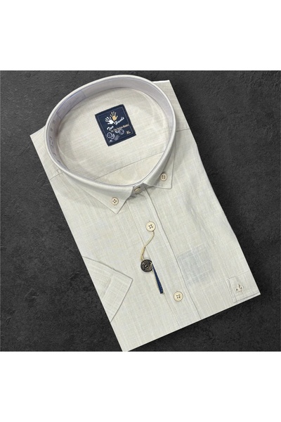 Sadık Collection Ανδρικό κλασικό υφαντό λινό πουκάμισο με κοντό μανίκι και μονή τσέπη Two Hands 0209