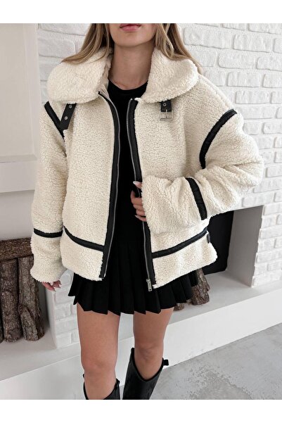 TB Butik Premium Design Ecru Zippered Double Pocket Plush Coat