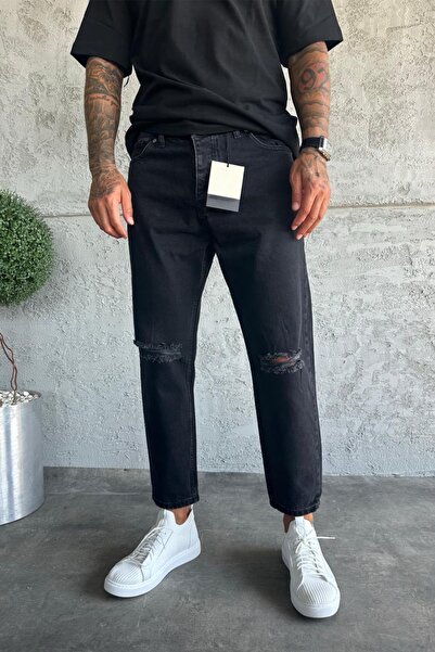 MADZEYMODA Ανδρικό τζιν παντελόνι από ύφασμα τζιν μαύρο Boyfriend με σχισμές λεπτομέρειες Mz478