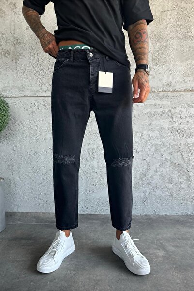 MADZEYMODA Ανδρικό τζιν παντελόνι από ύφασμα τζιν μαύρο Boyfriend με σχισμές λεπτομέρειες Mz478