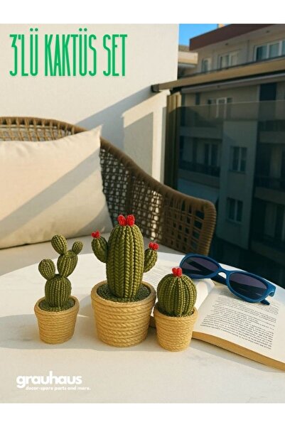 GRAUHAUS 3'lü Örgü Kaktüs Dekor Seti Saksılı Mini Ev ve Ofis Dekoru